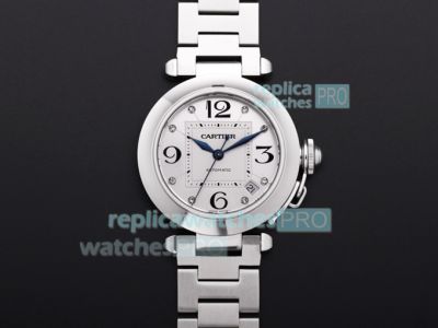 Swiss Pasha De Cartier Replica Watch Silver Diamond Dial Ladies Size